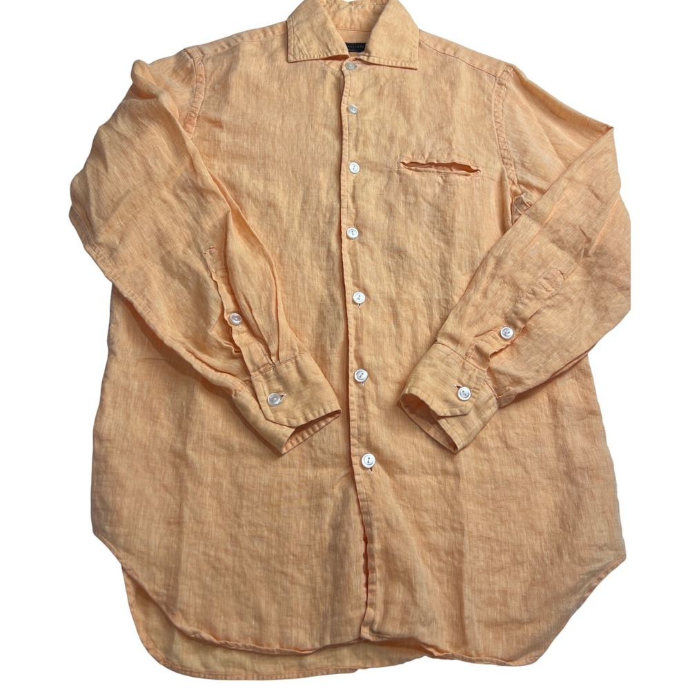 Corneliani Button Down Mens 15.5 Orange Linen Made in Italy Luxury B27